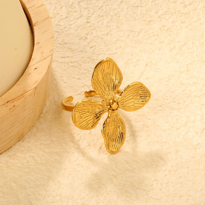 Textured Four-Petal Flower Open Ring | Wholesale Bulk Order | 18K Gold Plated | Size 7 | MOQ 12
