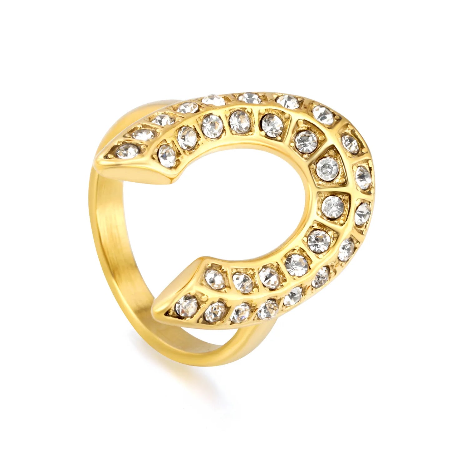 Statement Band Ring with Fully Crystal-paved Horseshoe Motif | 18K Gold Plated | Sizes 8 | MOQ 12