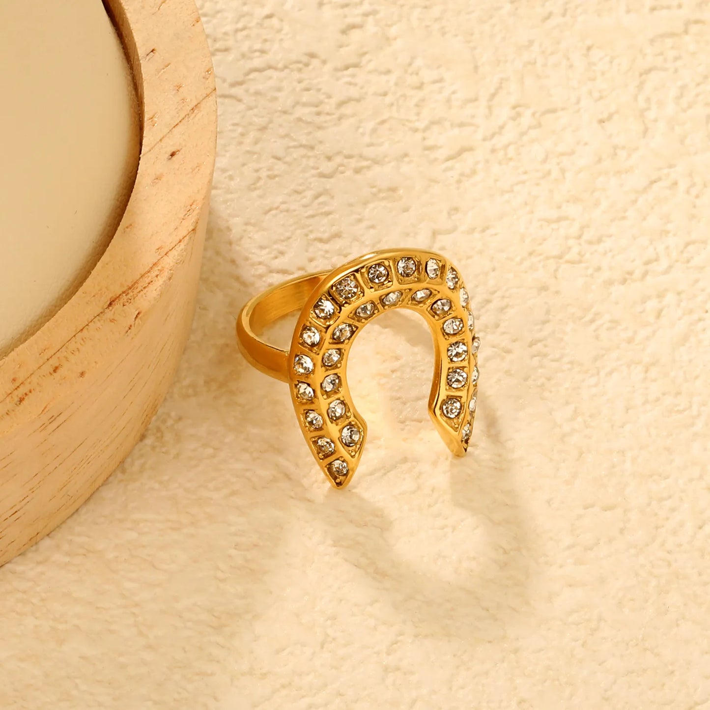 Statement Band Ring with Fully Crystal-paved Horseshoe Motif | 18K Gold Plated | Sizes 8 | MOQ 12