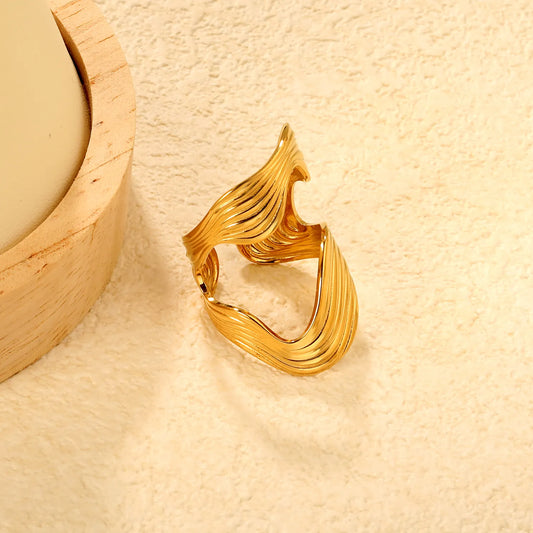 18K Gold Plated Wave Texture Open Ring | Wholesale Bulk Order | Size 7 | MOQ 12