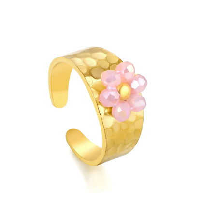 Wholesale Hammered Band Beaded Flower Open Ring | 18K Gold Plated | 3 Color Options | Size 7 | MOQ 12