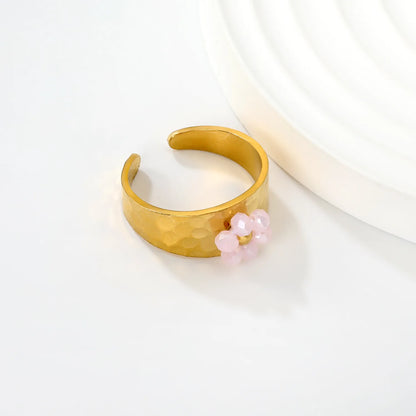 Wholesale Hammered Band Beaded Flower Open Ring | 18K Gold Plated | 3 Color Options | Size 7 | MOQ 12