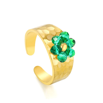 Wholesale Hammered Band Beaded Flower Open Ring | 18K Gold Plated | 3 Color Options | Size 7 | MOQ 12