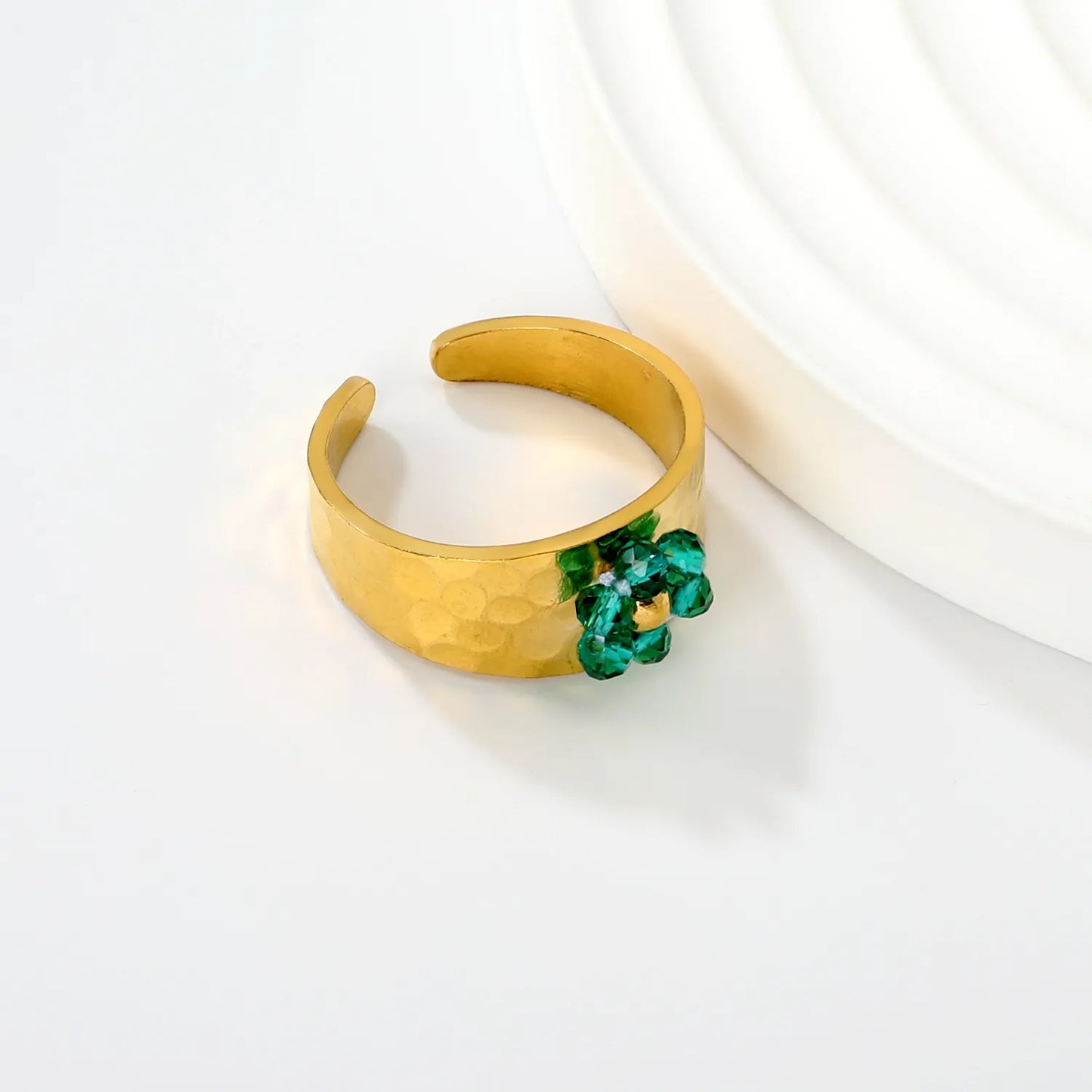 Wholesale Hammered Band Beaded Flower Open Ring | 18K Gold Plated | 3 Color Options | Size 7 | MOQ 12