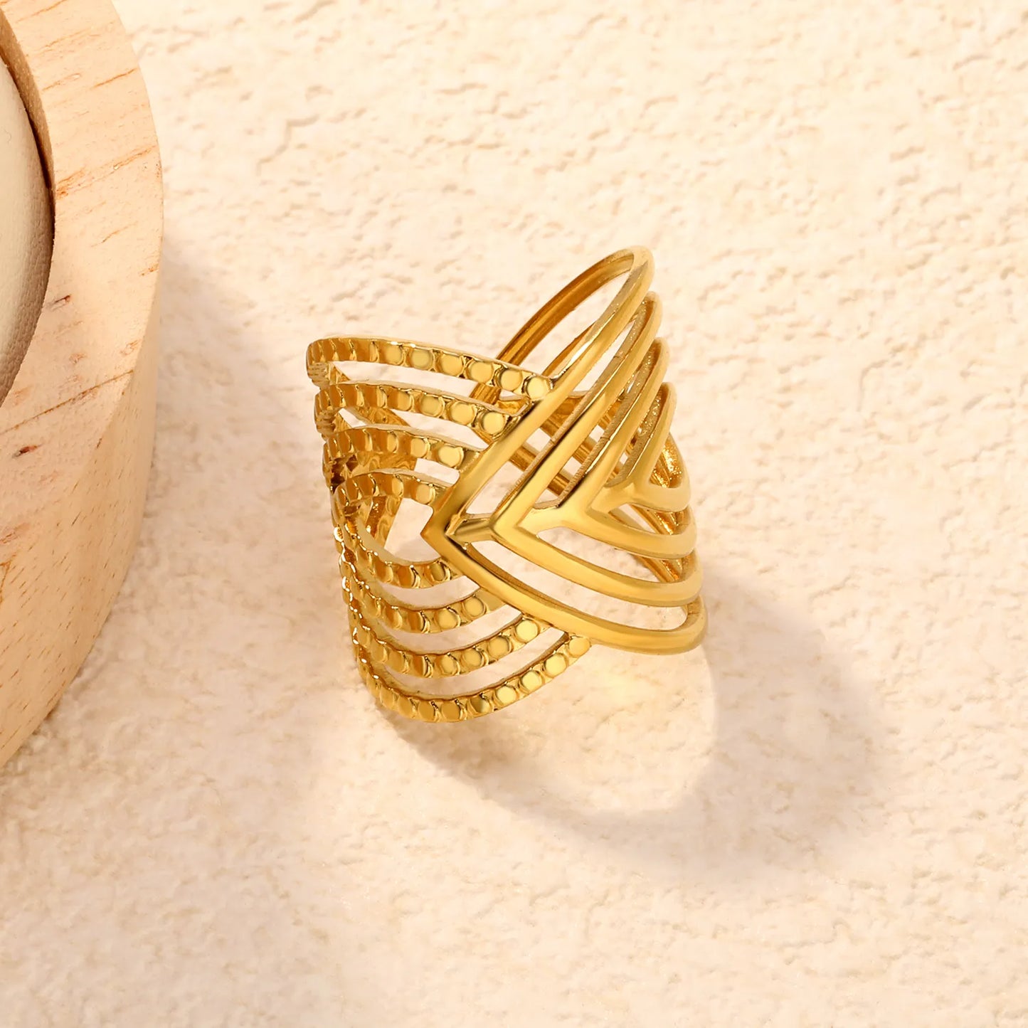 Wholesale Layered Textured Geometric Ring | Dual Color (Gold/Silver) | Stainless Steel | Size 7 | MOQ 12