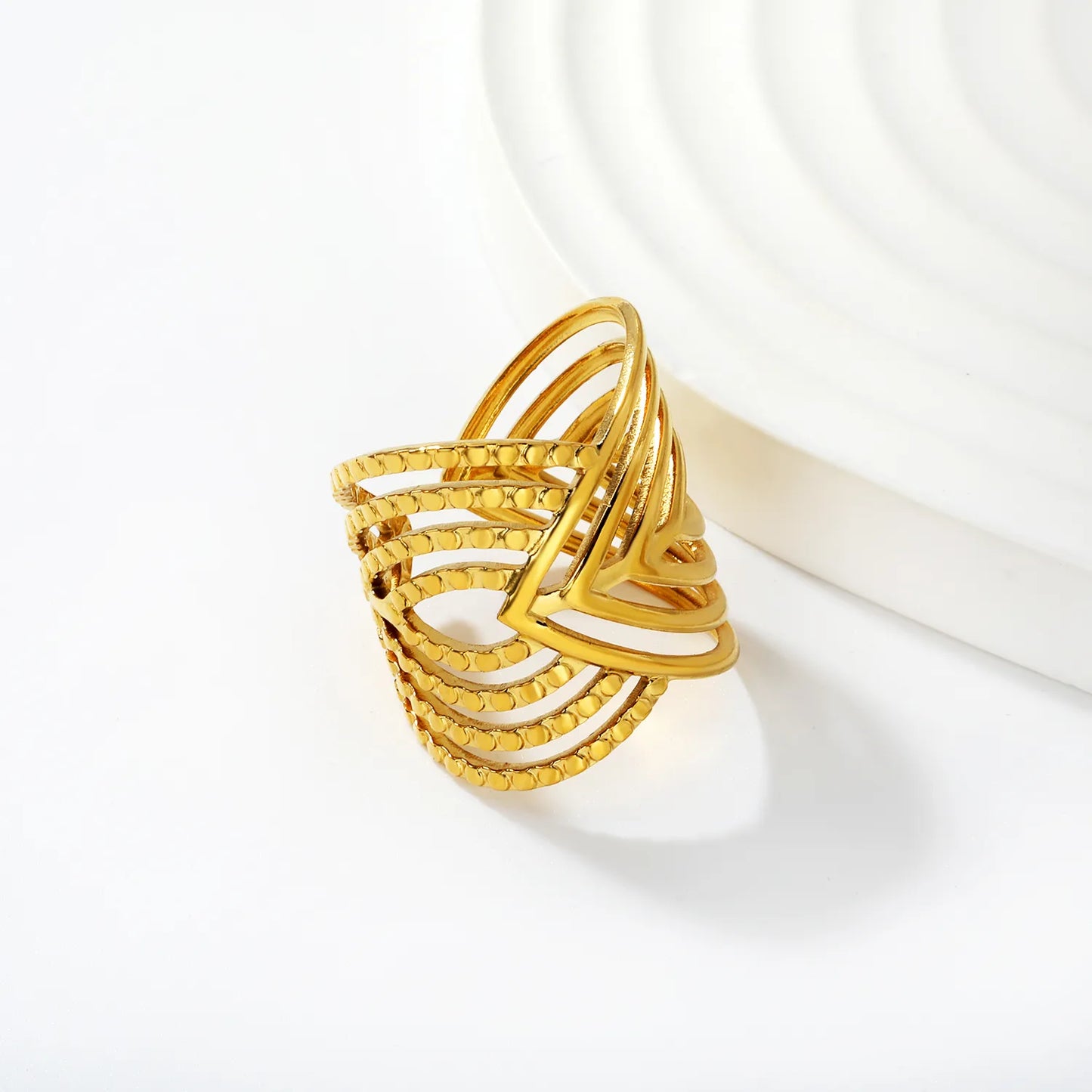 Wholesale Layered Textured Geometric Ring | Dual Color (Gold/Silver) | Stainless Steel | Size 7 | MOQ 12