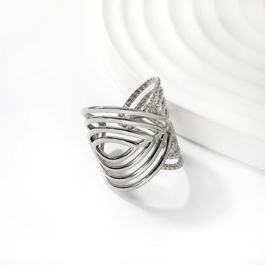 Wholesale Layered Textured Geometric Ring | Dual Color (Gold/Silver) | Stainless Steel | Size 7 | MOQ 12