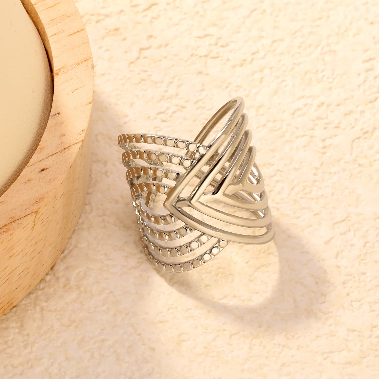 Wholesale Layered Textured Geometric Ring | Dual Color (Gold/Silver) | Stainless Steel | Size 7 | MOQ 12