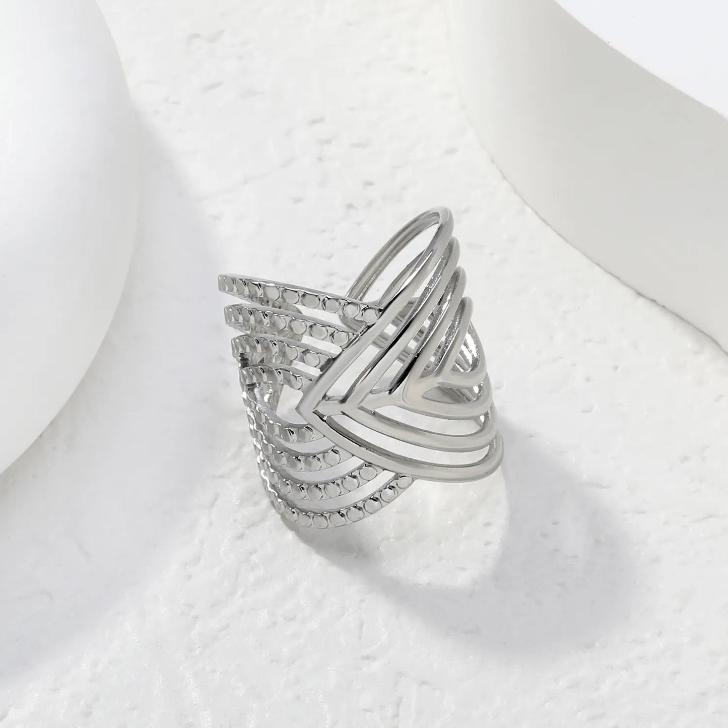 Wholesale Layered Textured Geometric Ring | Dual Color (Gold/Silver) | Stainless Steel | Size 7 | MOQ 12