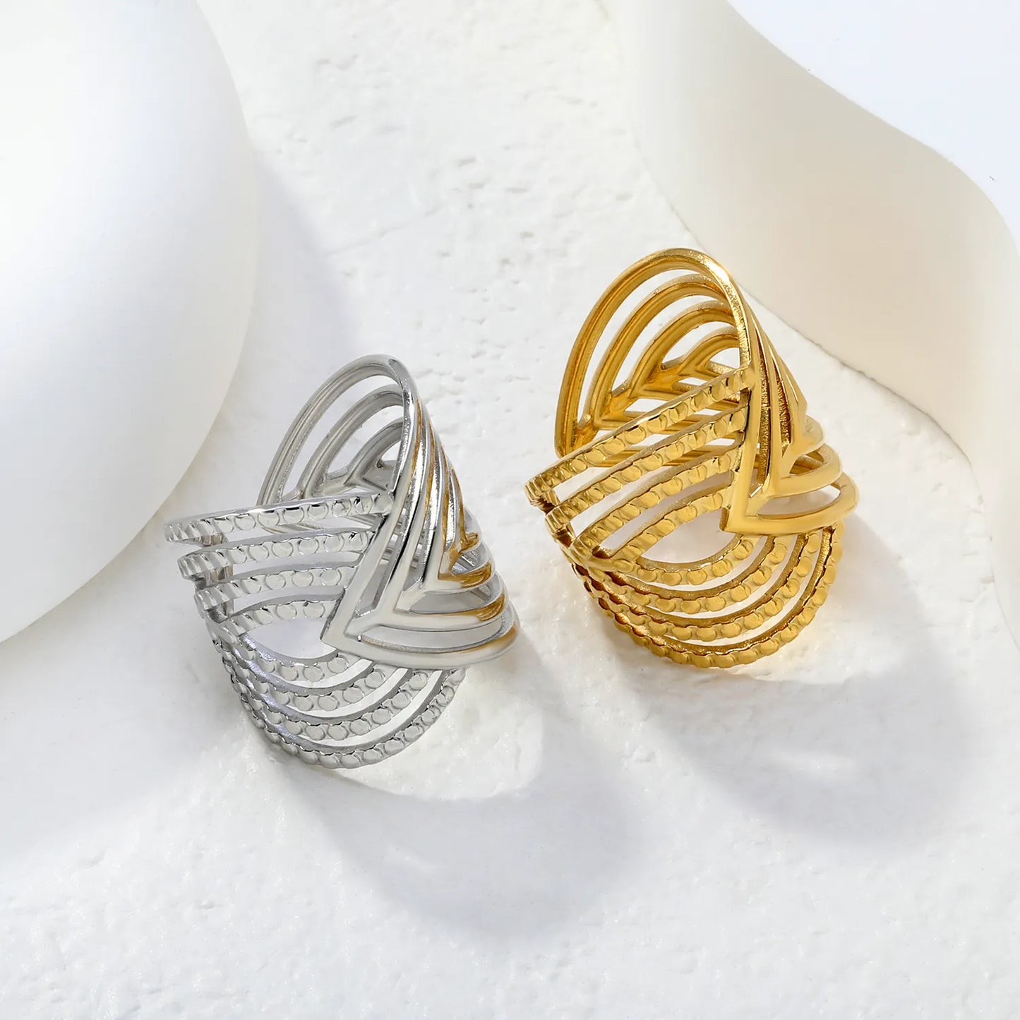 Wholesale Layered Textured Geometric Ring | Dual Color (Gold/Silver) | Stainless Steel | Size 7 | MOQ 12