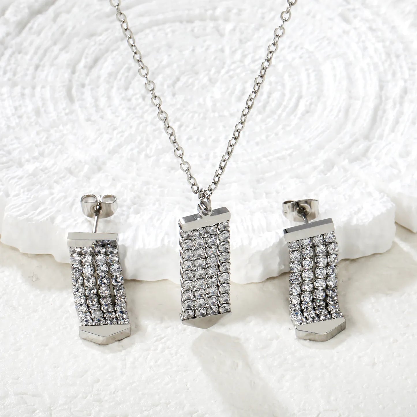 Crystal Paved Vertical Bar Jewelry Set (Necklace + Earrings) | Gold/Silver Color |  Wholesale MOQ 12