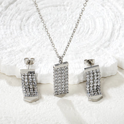 Crystal Paved Vertical Bar Jewelry Set (Necklace + Earrings) | Gold/Silver Color |  Wholesale MOQ 12