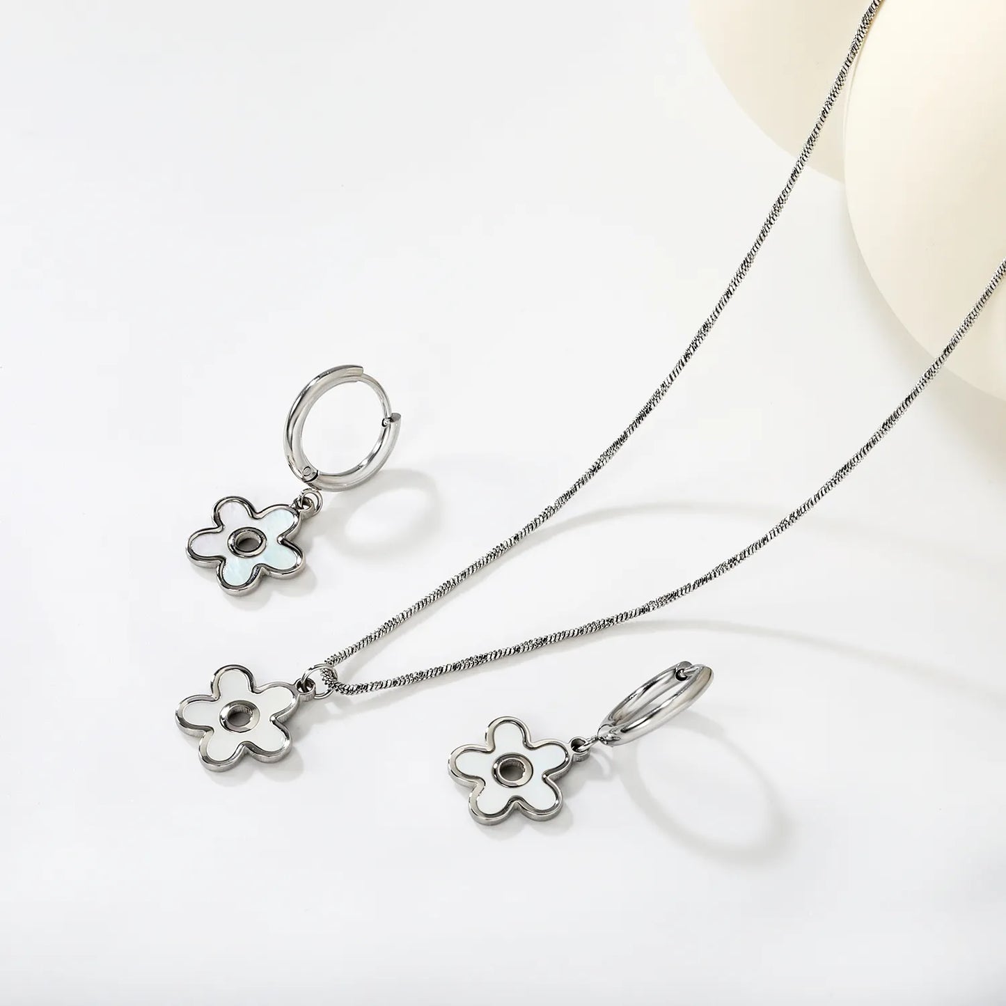 White Shell Inlay Flower Jewelry Set (Necklace + Earrings) | Gold/Silver Color | Wholesale MOQ 12