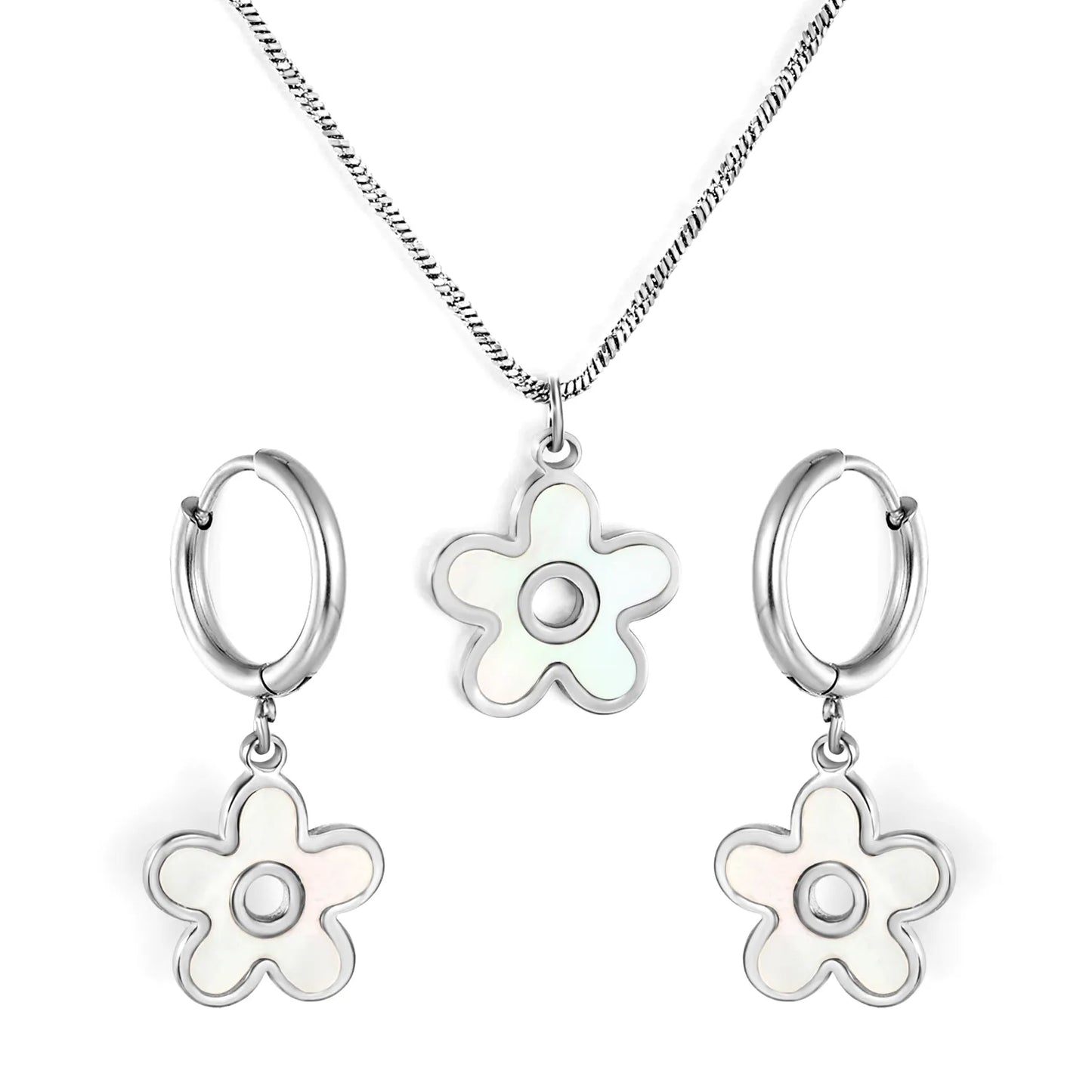 White Shell Inlay Flower Jewelry Set (Necklace + Earrings) | Gold/Silver Color | Wholesale MOQ 12