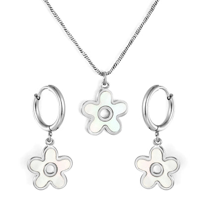 White Shell Inlay Flower Jewelry Set (Necklace + Earrings) | Gold/Silver Color | Wholesale MOQ 12
