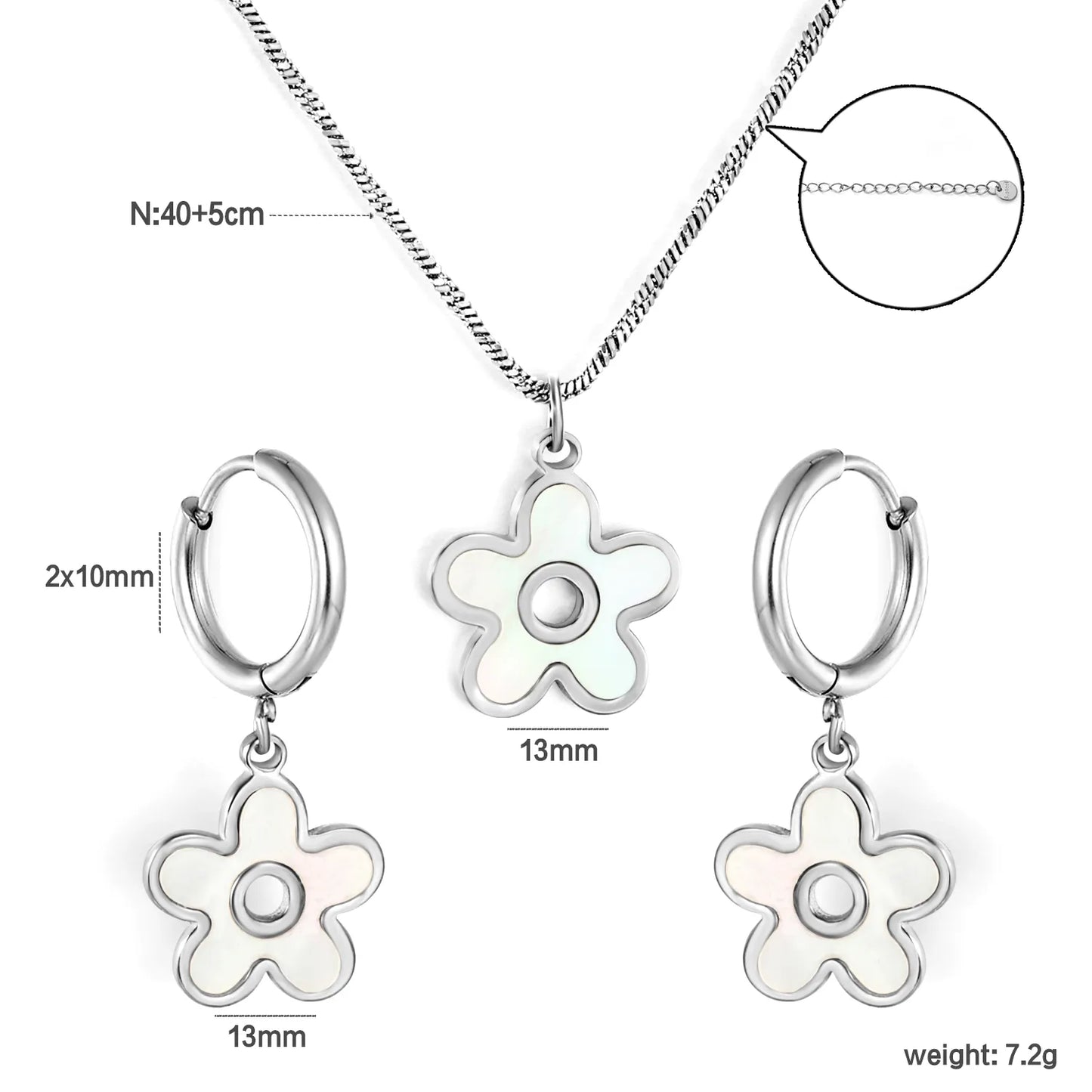 White Shell Inlay Flower Jewelry Set (Necklace + Earrings) | Gold/Silver Color | Wholesale MOQ 12