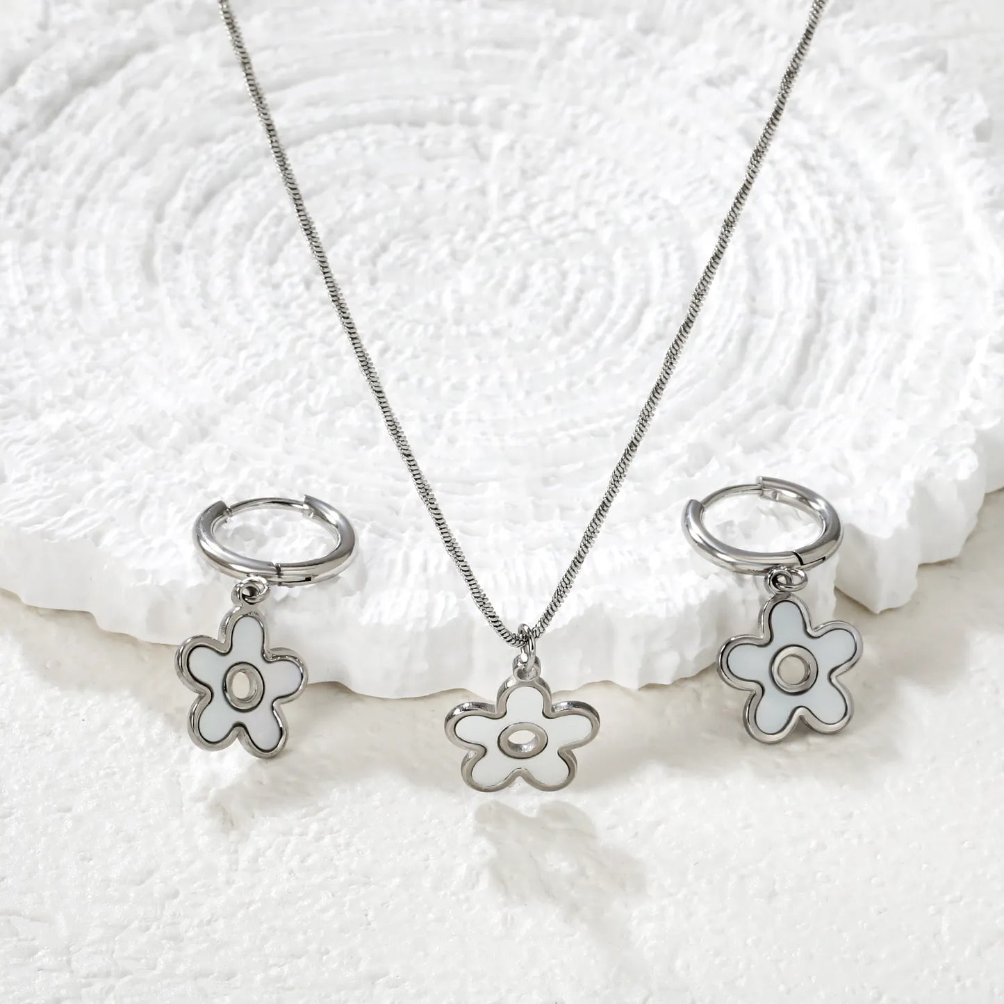 White Shell Inlay Flower Jewelry Set (Necklace + Earrings) | Gold/Silver Color | Wholesale MOQ 12