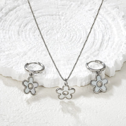 White Shell Inlay Flower Jewelry Set (Necklace + Earrings) | Gold/Silver Color | Wholesale MOQ 12