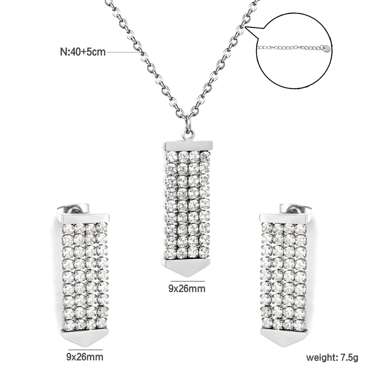Crystal Paved Vertical Bar Jewelry Set (Necklace + Earrings) | Gold/Silver Color |  Wholesale MOQ 12