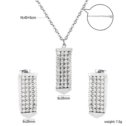 Crystal Paved Vertical Bar Jewelry Set (Necklace + Earrings) | Gold/Silver Color |  Wholesale MOQ 12