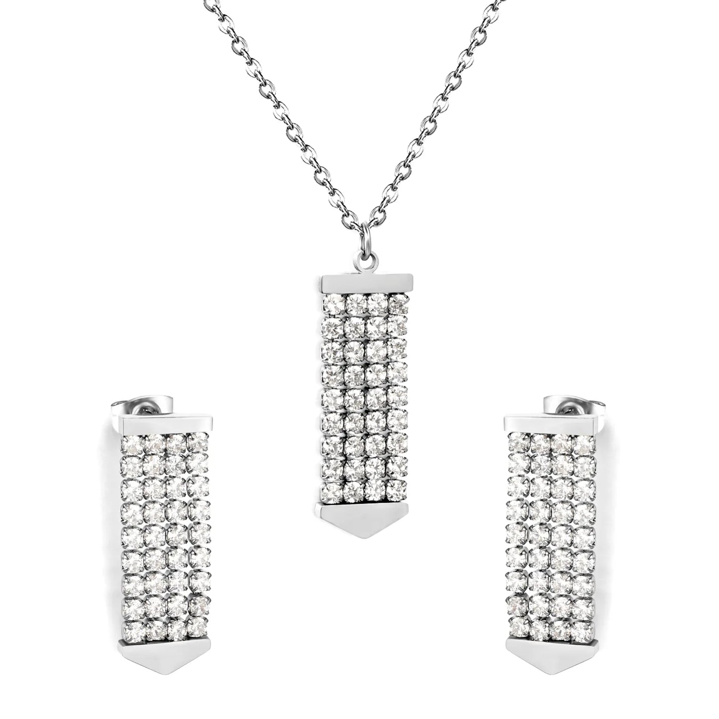 Crystal Paved Vertical Bar Jewelry Set (Necklace + Earrings) | Gold/Silver Color |  Wholesale MOQ 12