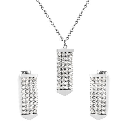 Crystal Paved Vertical Bar Jewelry Set (Necklace + Earrings) | Gold/Silver Color |  Wholesale MOQ 12