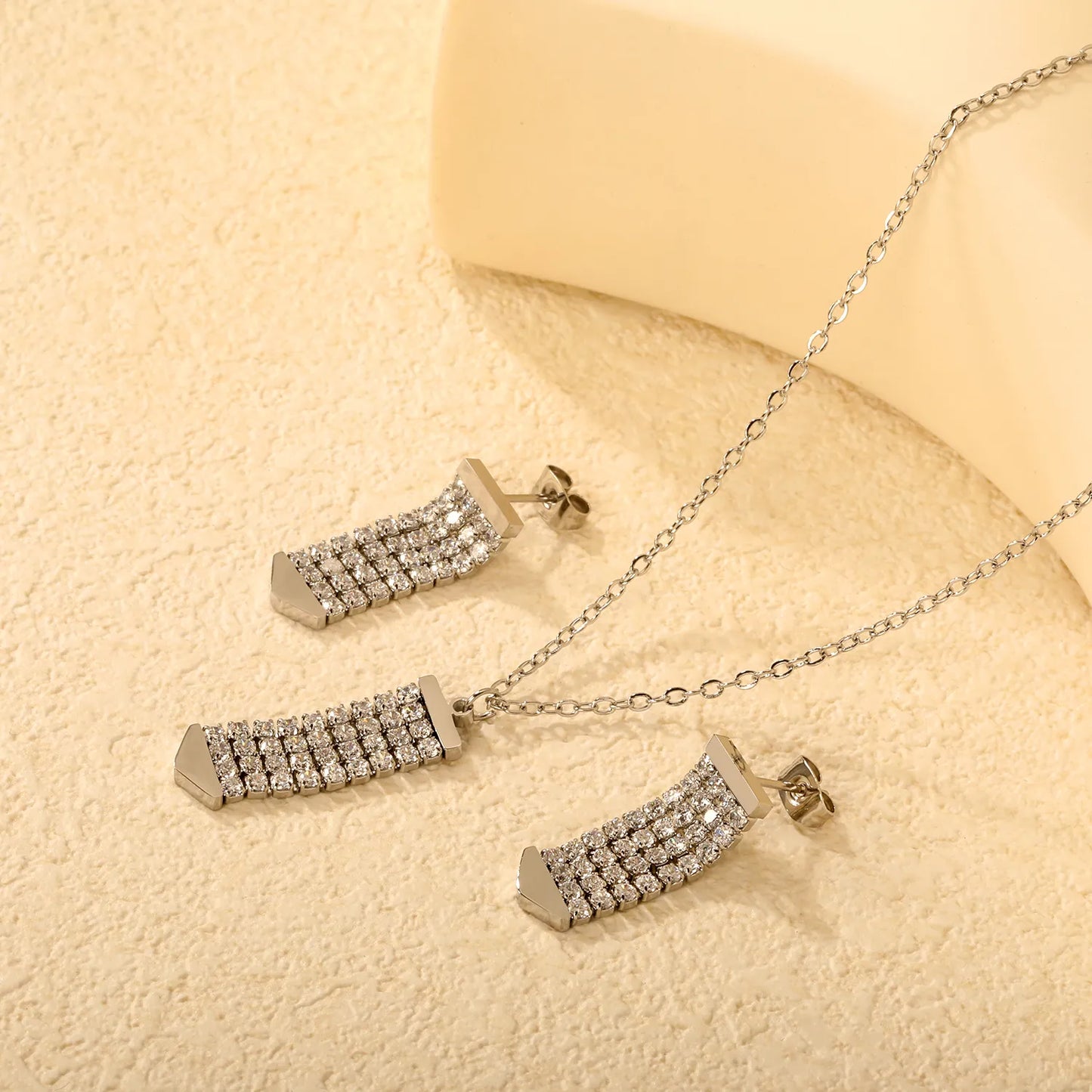 Crystal Paved Vertical Bar Jewelry Set (Necklace + Earrings) | Gold/Silver Color |  Wholesale MOQ 12