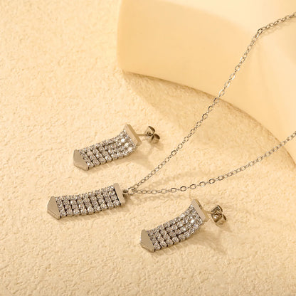 Crystal Paved Vertical Bar Jewelry Set (Necklace + Earrings) | Gold/Silver Color |  Wholesale MOQ 12