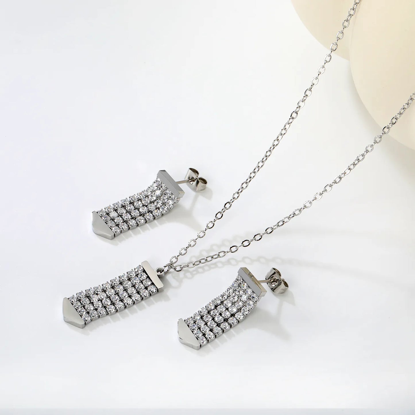 Crystal Paved Vertical Bar Jewelry Set (Necklace + Earrings) | Gold/Silver Color |  Wholesale MOQ 12