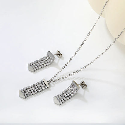 Crystal Paved Vertical Bar Jewelry Set (Necklace + Earrings) | Gold/Silver Color |  Wholesale MOQ 12