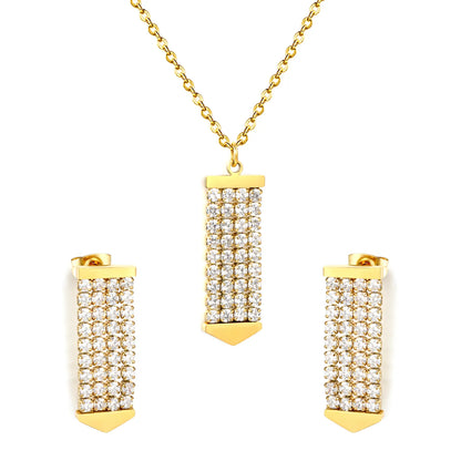 Crystal Paved Vertical Bar Jewelry Set (Necklace + Earrings) | Gold/Silver Color |  Wholesale MOQ 12