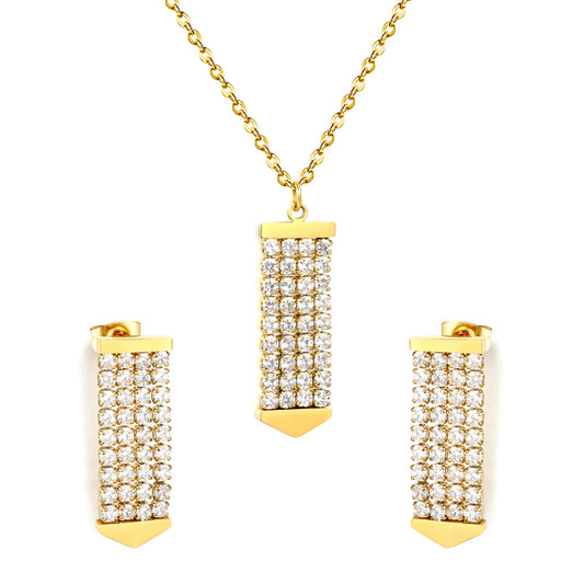 Crystal Paved Vertical Bar Jewelry Set (Necklace + Earrings) | Gold/Silver Color |  Wholesale MOQ 12