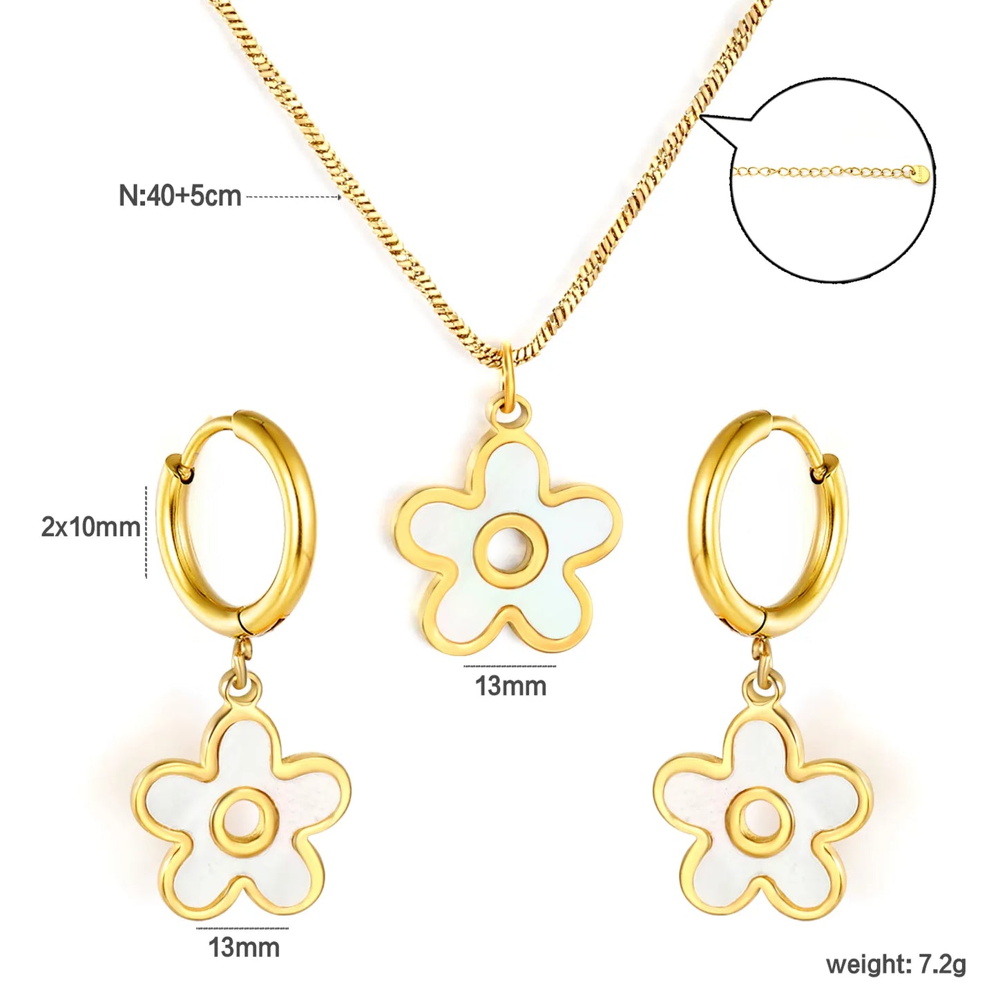 White Shell Inlay Flower Jewelry Set (Necklace + Earrings) | Gold/Silver Color | Wholesale MOQ 12