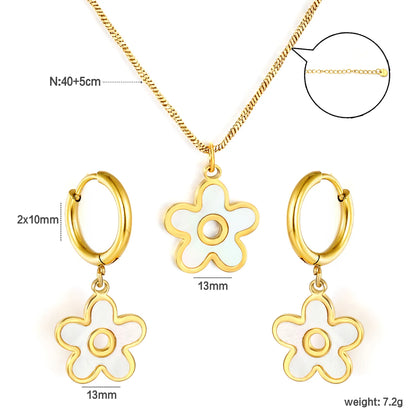 White Shell Inlay Flower Jewelry Set (Necklace + Earrings) | Gold/Silver Color | Wholesale MOQ 12