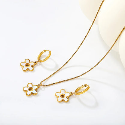 White Shell Inlay Flower Jewelry Set (Necklace + Earrings) | Gold/Silver Color | Wholesale MOQ 12