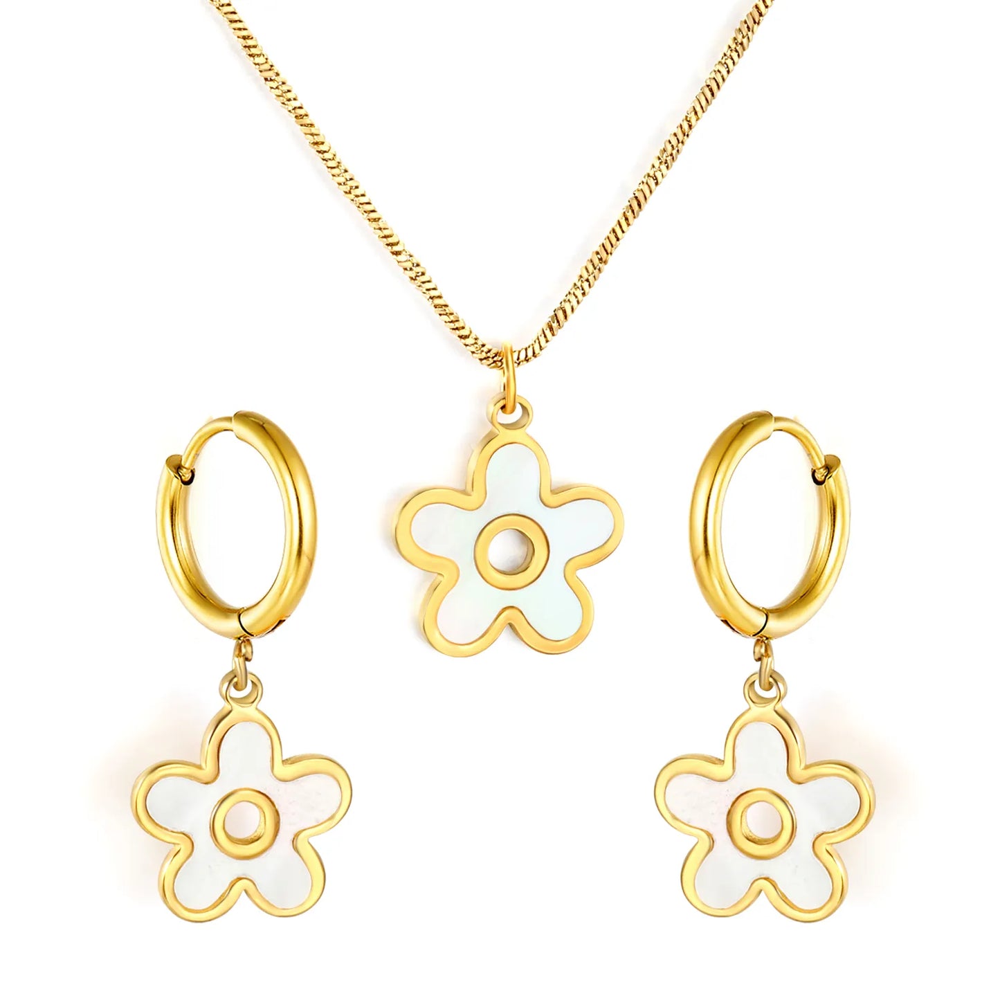 White Shell Inlay Flower Jewelry Set (Necklace + Earrings) | Gold/Silver Color | Wholesale MOQ 12