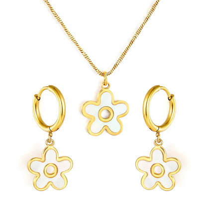 White Shell Inlay Flower Jewelry Set (Necklace + Earrings) | Gold/Silver Color | Wholesale MOQ 12