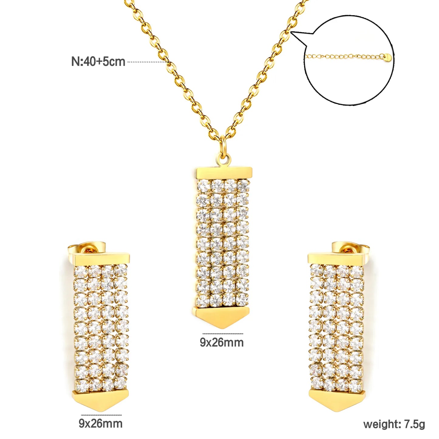 Crystal Paved Vertical Bar Jewelry Set (Necklace + Earrings) | Gold/Silver Color |  Wholesale MOQ 12
