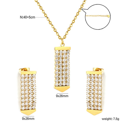 Crystal Paved Vertical Bar Jewelry Set (Necklace + Earrings) | Gold/Silver Color |  Wholesale MOQ 12