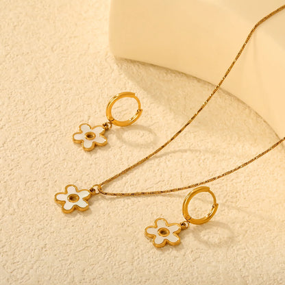 White Shell Inlay Flower Jewelry Set (Necklace + Earrings) | Gold/Silver Color | Wholesale MOQ 12