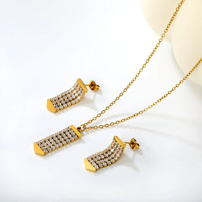 Crystal Paved Vertical Bar Jewelry Set (Necklace + Earrings) | Gold/Silver Color |  Wholesale MOQ 12