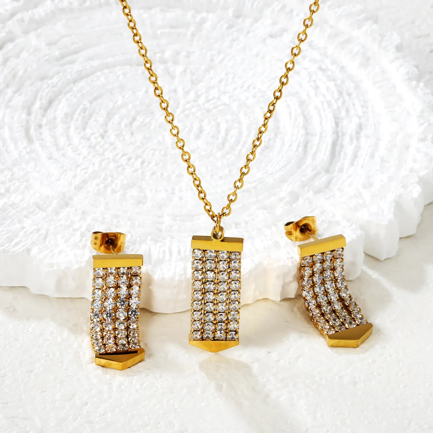 Crystal Paved Vertical Bar Jewelry Set (Necklace + Earrings) | Gold/Silver Color |  Wholesale MOQ 12