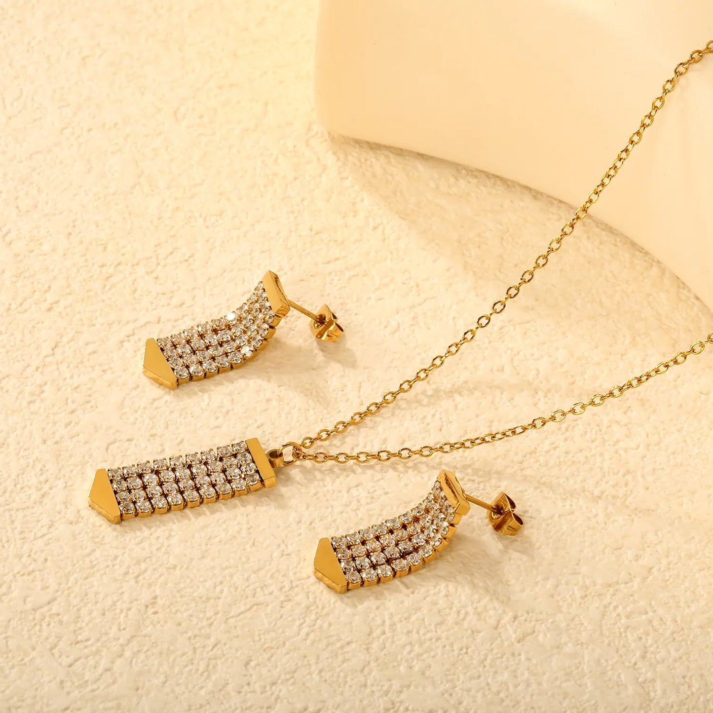 Crystal Paved Vertical Bar Jewelry Set (Necklace + Earrings) | Gold/Silver Color |  Wholesale MOQ 12