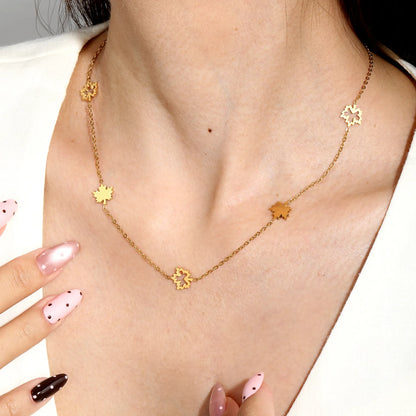Layered Maple Leaf Station Necklace Adjustable 40+5cm | 18K Gold Plated | Dual-Chain Choker | Wholesale MOQ 12