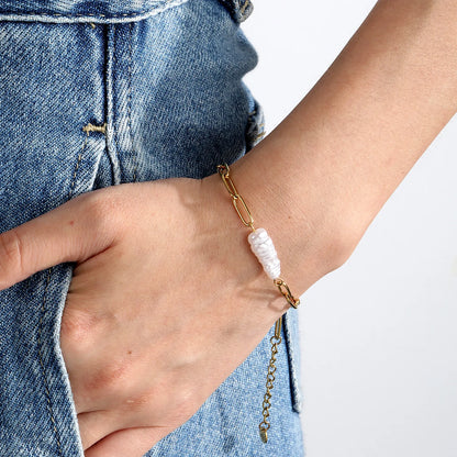 Baroque Pearl Paperclip Link Bracelet | Adjustable 17+3cm | 18K Gold Plated Stainless Steel Oval Link Bracelet | Wholesale MOQ 12