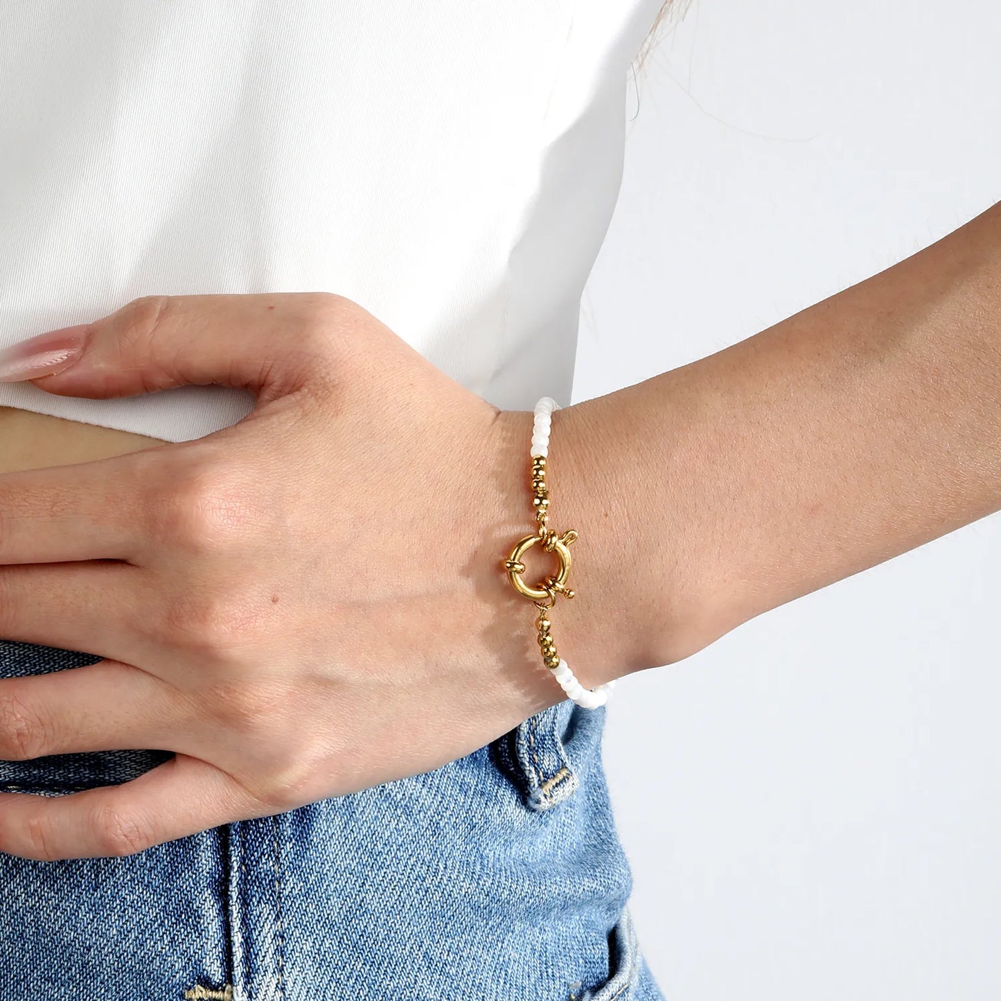 3mm White Natural Stone Beaded Spring Clasp Bracelet | 18K Gold Plated Stainless Steel | Wholesale MOQ 12