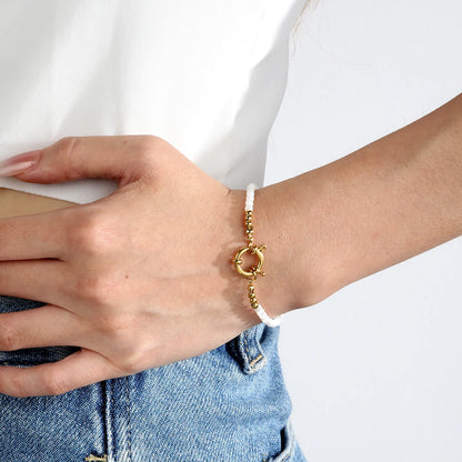 3mm White Natural Stone Beaded Spring Clasp Bracelet | 18K Gold Plated Stainless Steel | Wholesale MOQ 12