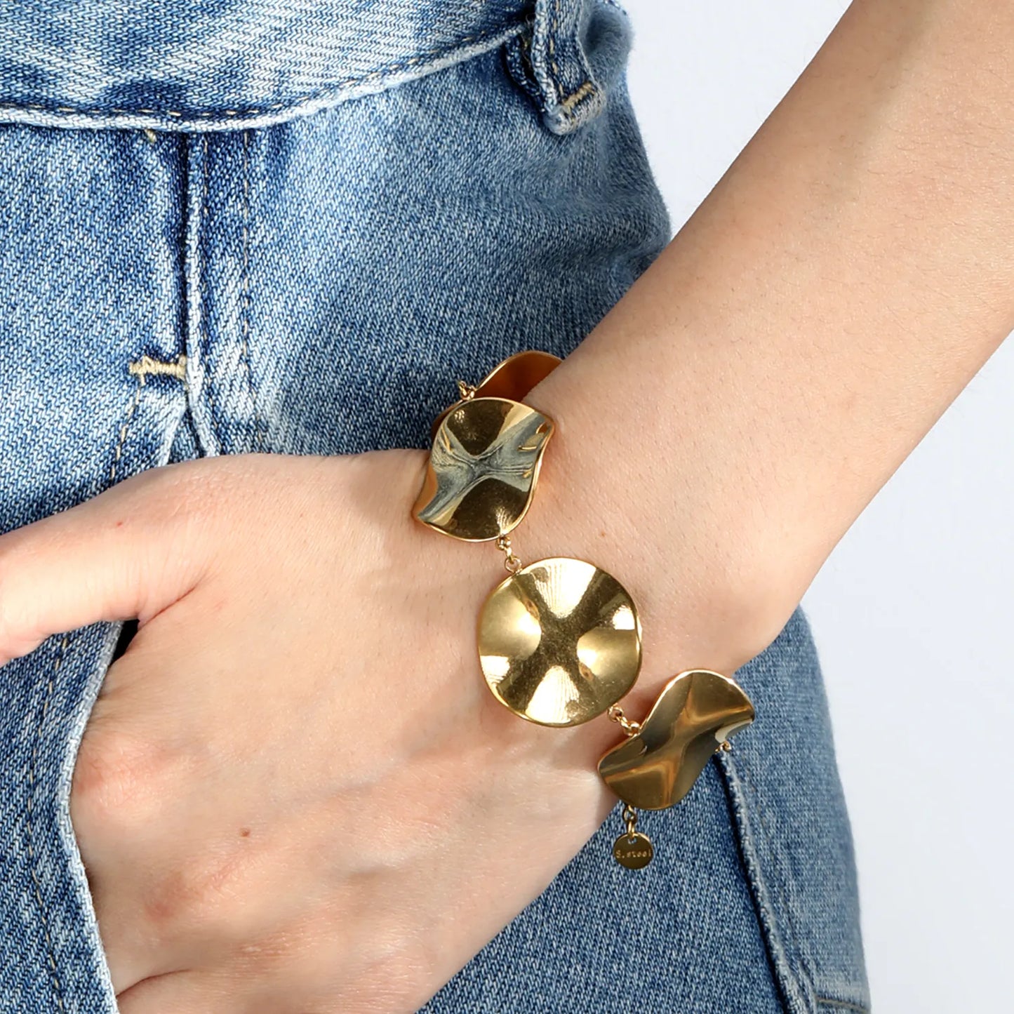 Irregular Concave Disc Link Bracelet | 18K Gold & Two-Tone Stainless Steel Textured Plate | Wholesale MOQ 12