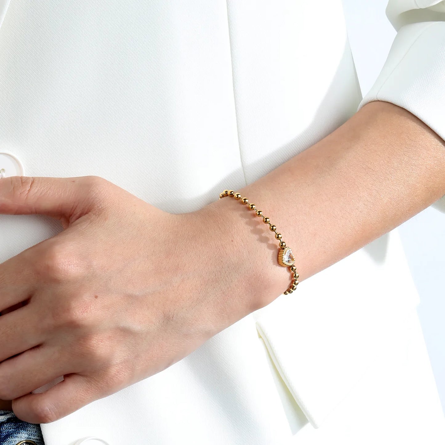 Beaded Chain Heart CZ Gold Adjustable Bracelet | 18K Gold Plated Stainless Steel | Wholesale MOQ 12