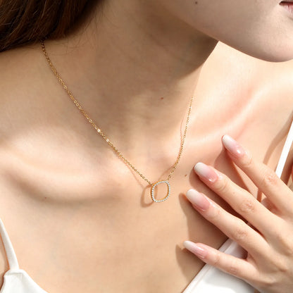 Adjustable Open Rounded Square Full Pave CZ Pendant Necklace 40+5cm | 18K Gold Plated Stainless Steel Dainty Cable Chain Necklace | Wholesale MOQ 12
